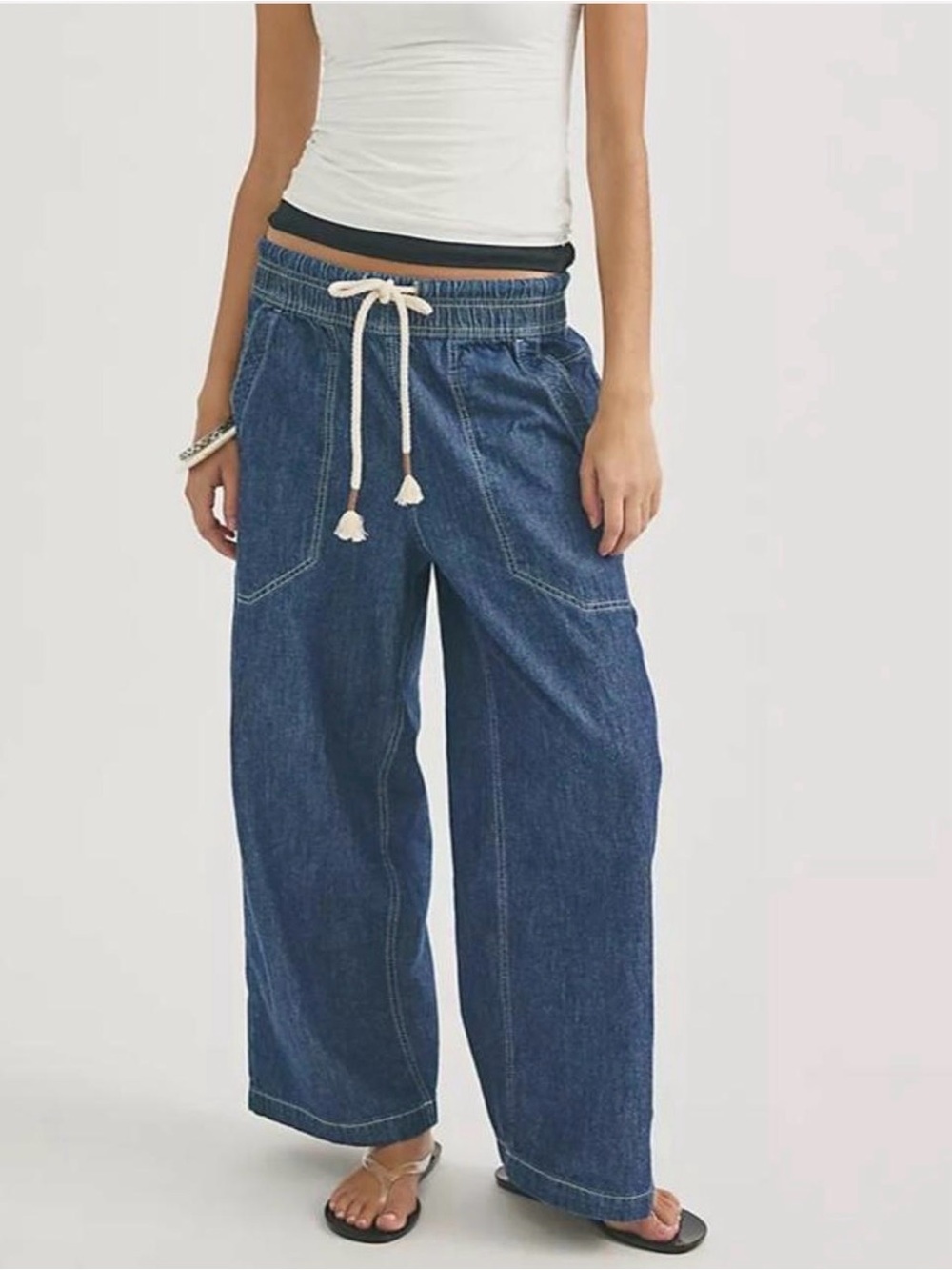 We The Free Easy Peasy Pull On Indigo Drawstring Wide-Leg Jeans sz. S New